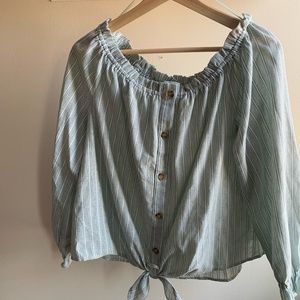 Off shoulder green striped Hem and Thread shirt